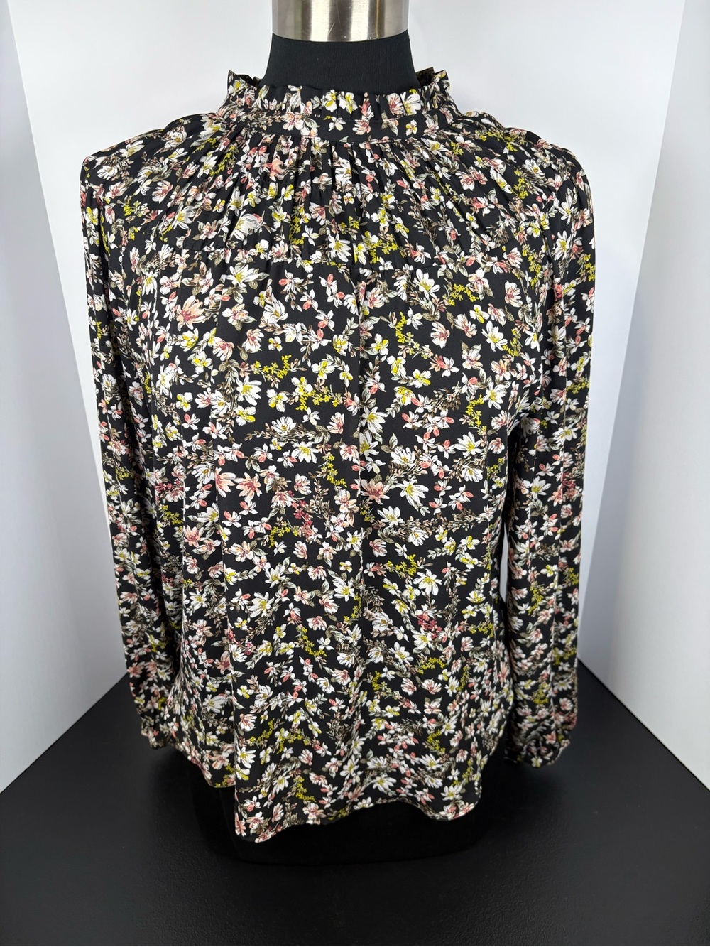 LOFT Black Floral Smocked Neck Blouse with Pink and Cream Accents